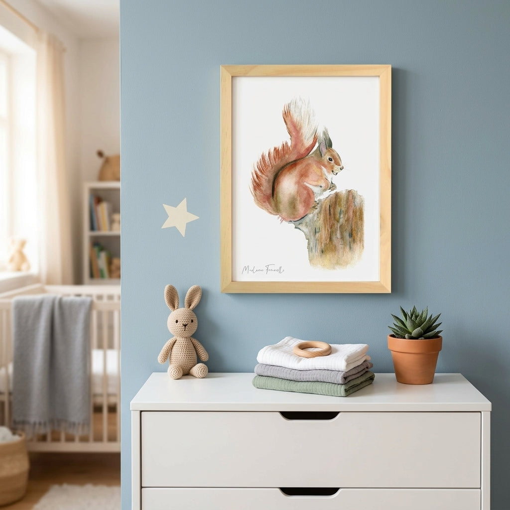 Affiche ecureuil roux aquarelle pour  chambre enfant et bébé sur le thème des animaux de la foret