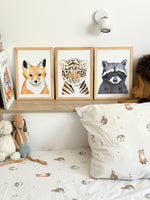 Illustration aquarelle bébé animaux renard, tigre, raton laveur pour décoration chambre bébé et enfant