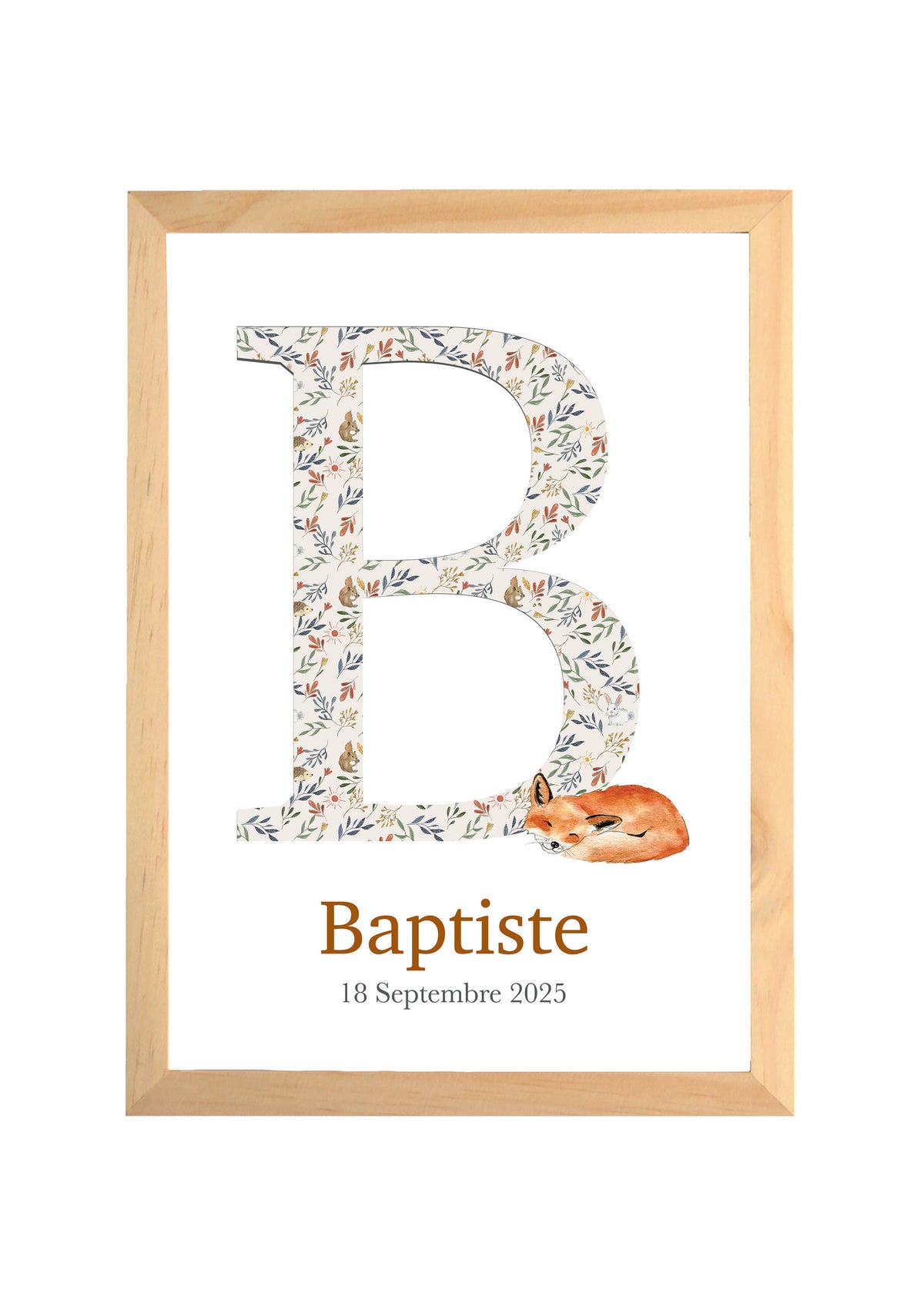 Affiche lettre prénom personnalisée thème forêt pour chambre bébé, avec initiale, prénom et date de naissance