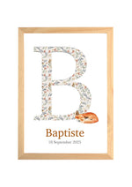 Affiche lettre prénom personnalisée thème forêt pour chambre bébé, avec initiale, prénom et date de naissance