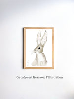 Cadre avec affiche aquarelle d'un lapin avec des grandes oreilles pour décorer la chambre d'un bébé.