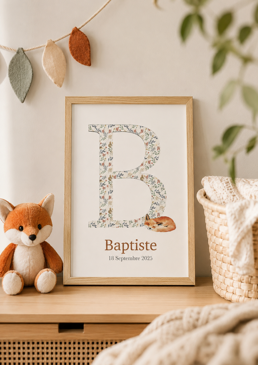 Décoration chambre bébé thème forêt avec affiche prénom personnalisée et illustration aquarelle