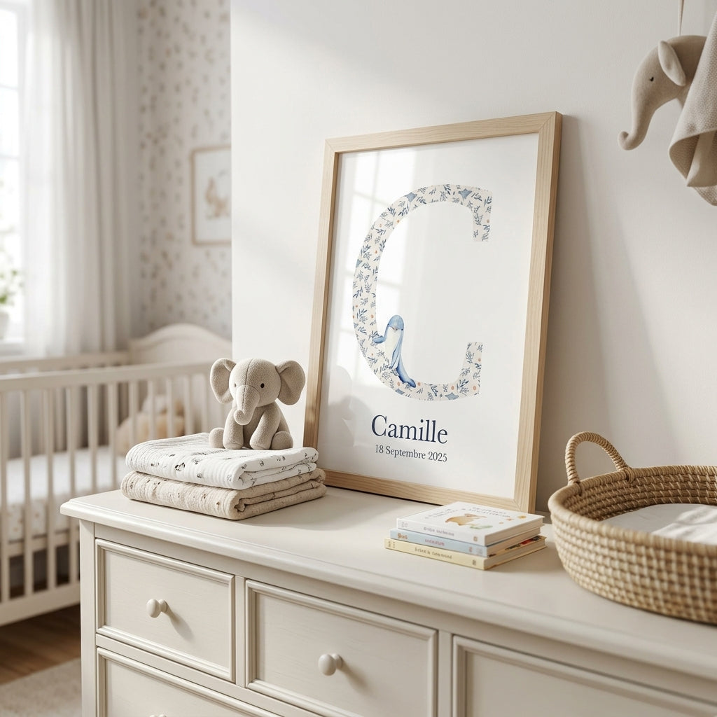 Décoration chambre bébé thème océan avec affiche prénom personnalisée et animal marin aquarelle