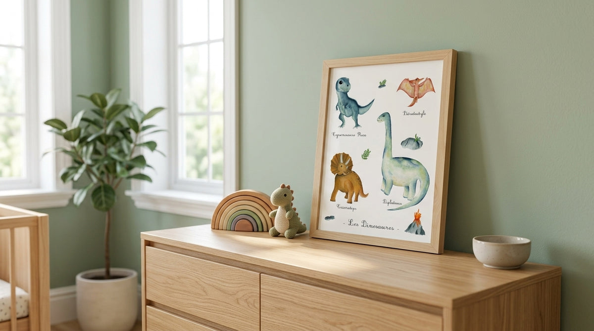 Affiche décoration chambre bébé thème dinosaures avec illustration originale peinte à l'aquarelle.