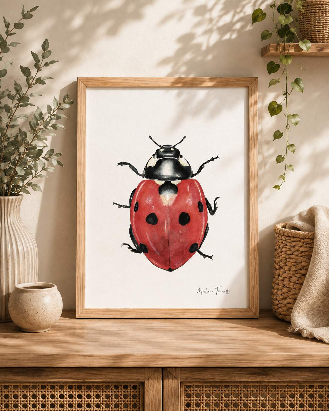 Cadre avec affiche aquarelle insecte Coccinelle pour décoration chambre bébé