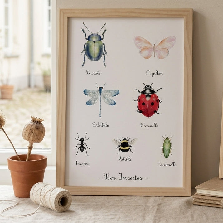Affiche insectes du jardin avec scarabée, coccinelle, abeille et autres insectes illustrés à l'aquarelle