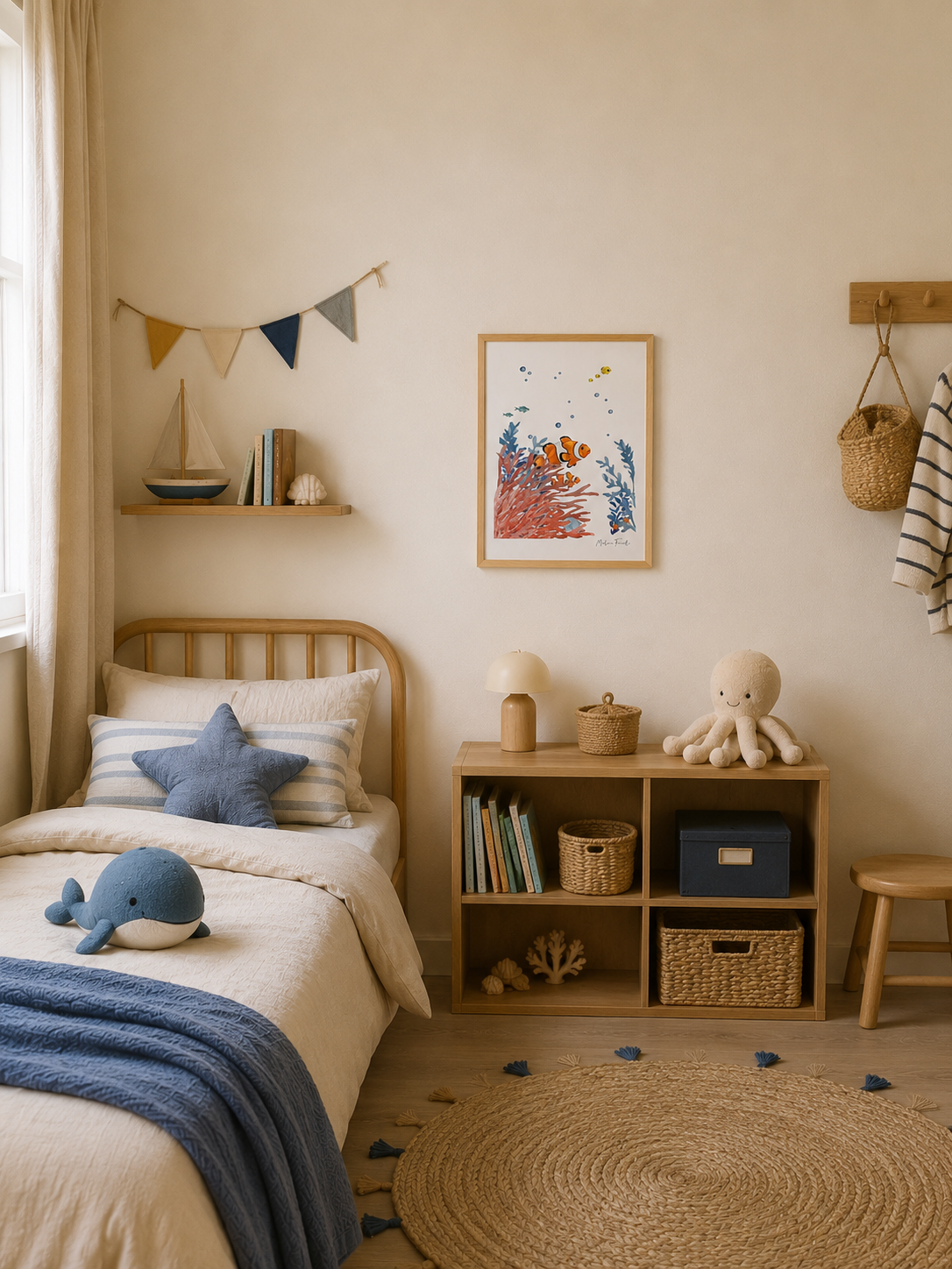 Affiche décoration chambre bébé poisson clown aquarelle avec coraux, bulles et univers marin naturel