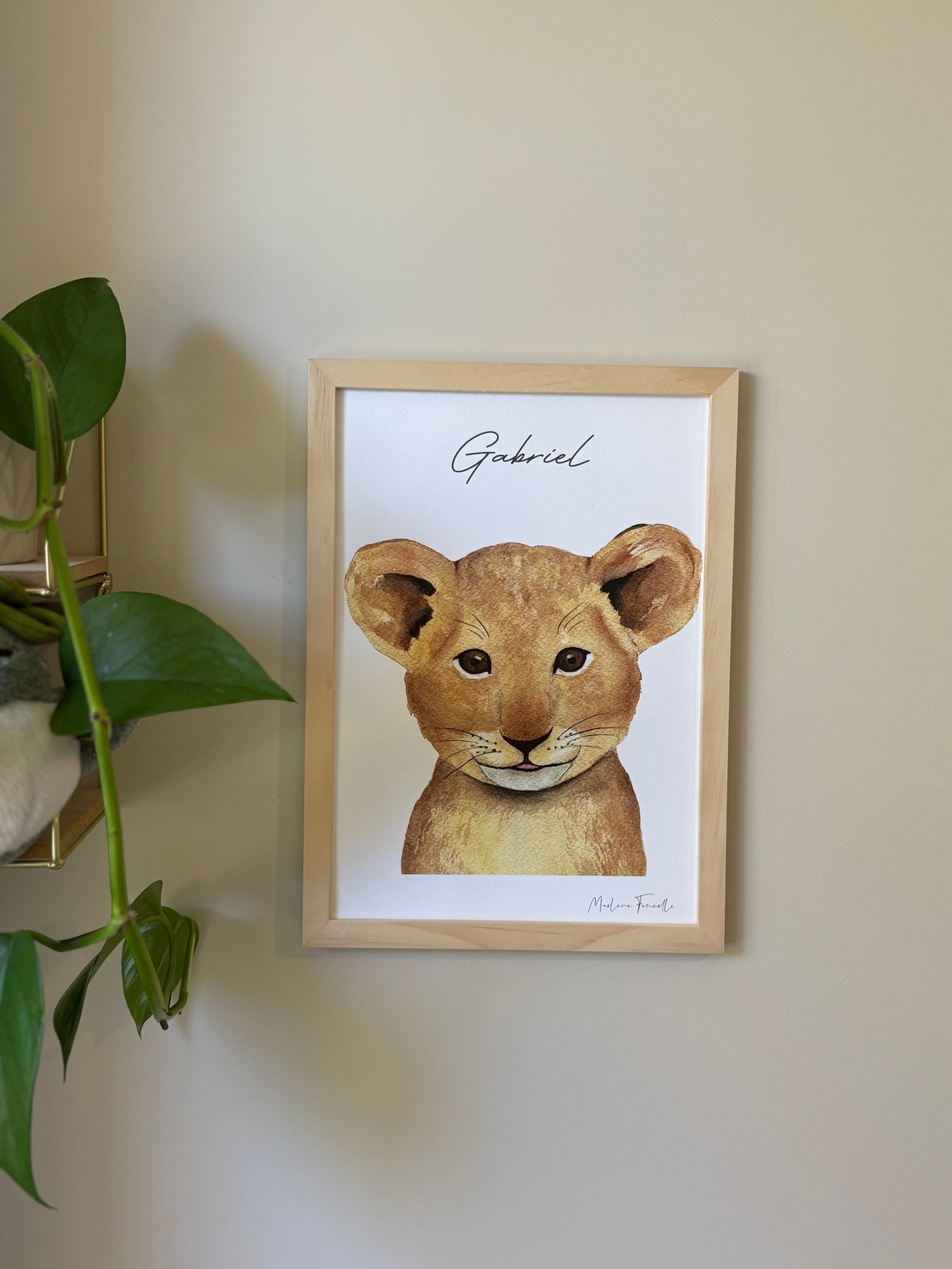 Poster aquarelle d'un lionceau à personnaliser idéal pour la décoration murale d'une chambre d'enfant 