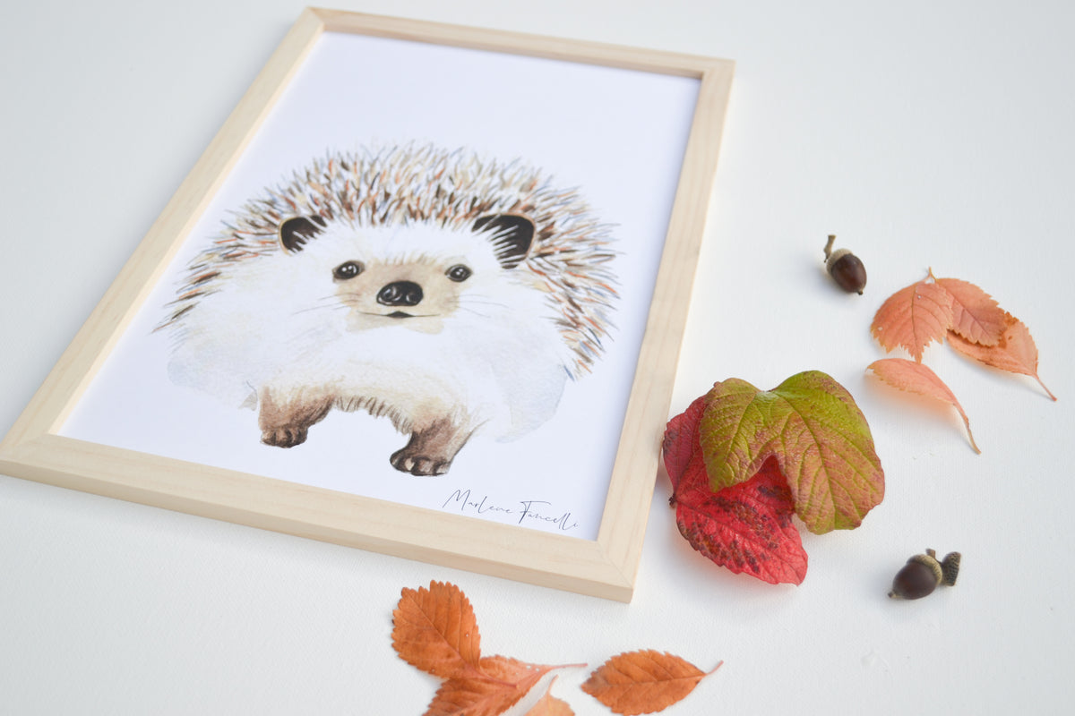 Poster aquarelle d'un hérisson pour une décoration murale sur le thème de la forêt pour une chambre d'enfant.