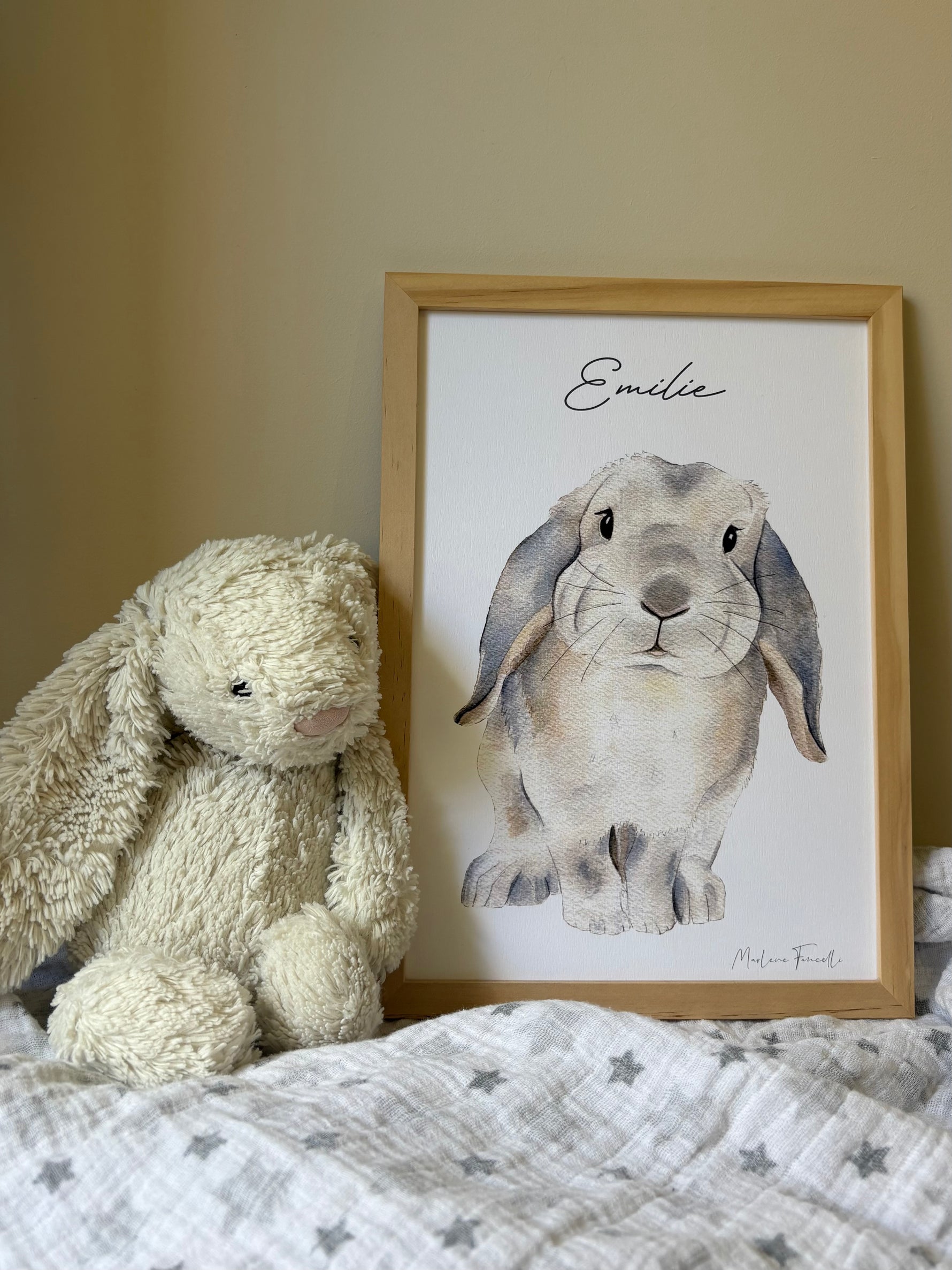 Affiche aquarelle lapin bélier à personnaliser avec un prénom idéal pour la décoration murale d'une chambre d'enfant 