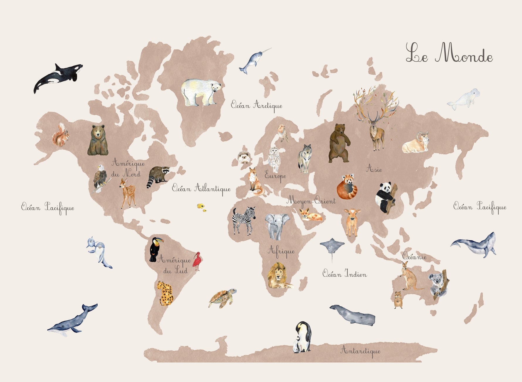 planisphere animaux à l'aquarelle - décoration chambre enfant et bébé