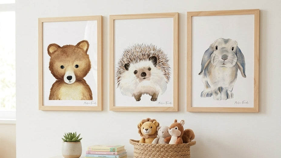 Affiche des animaux de la forêt: ourson, hérisson, lapin pour décoration chambre bébé