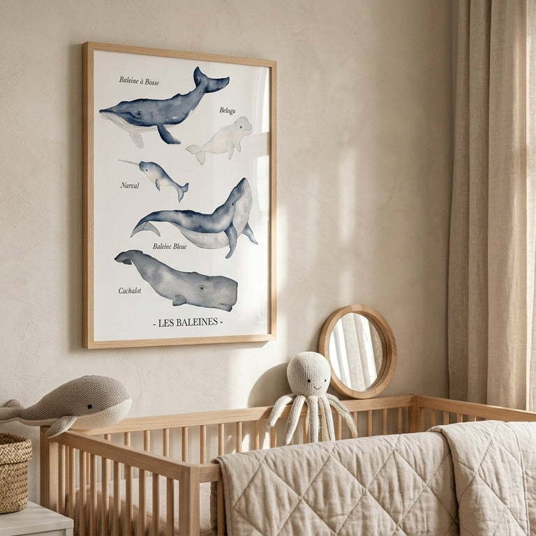 Poster baleines pour chambre enfant aux couleurs apaisantes, idéal comme cadeau de naissance