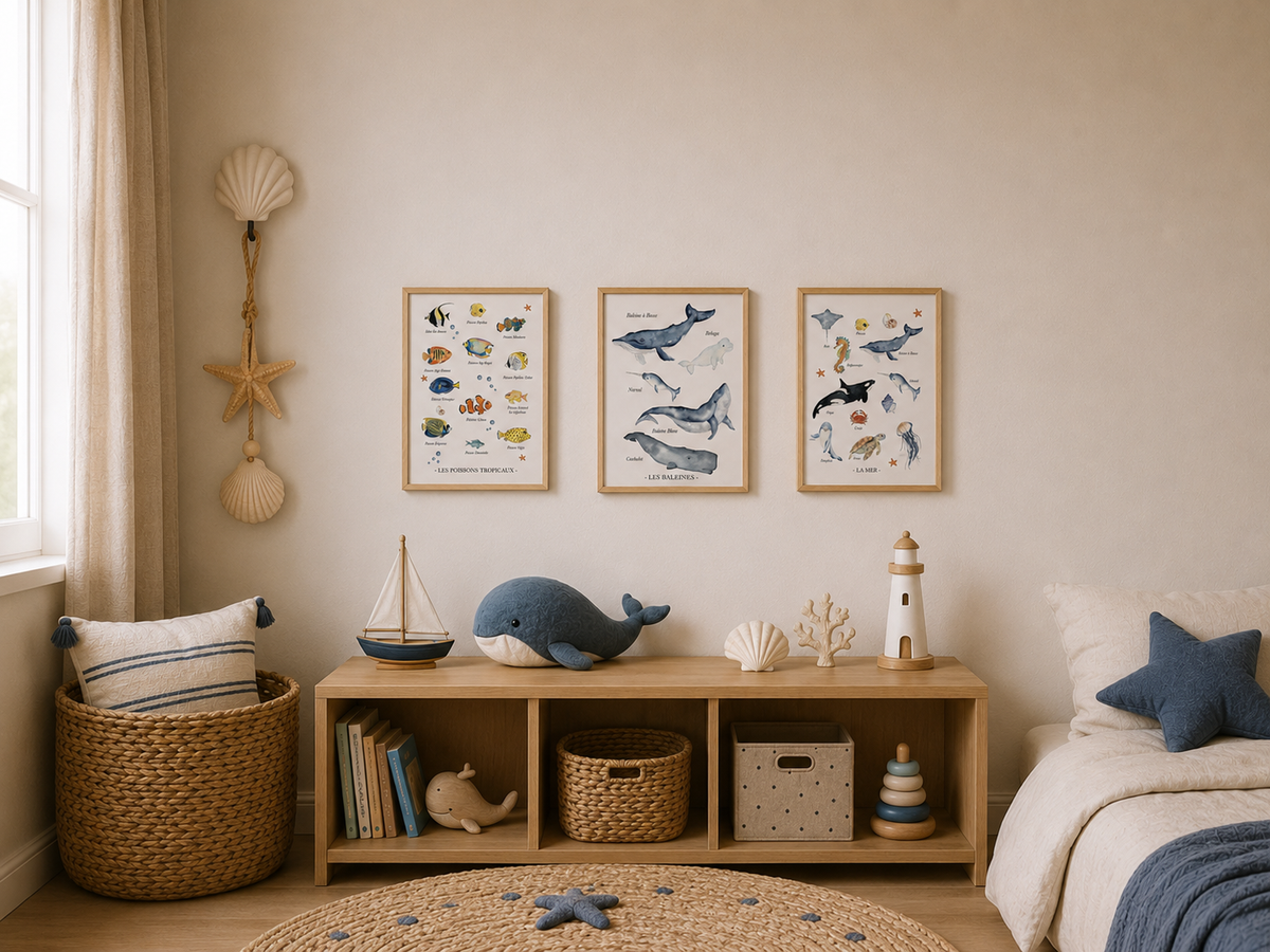 Illustration aquarelle animaux marins représentant différentes espèces de poissons tropicaux pour décoration océan