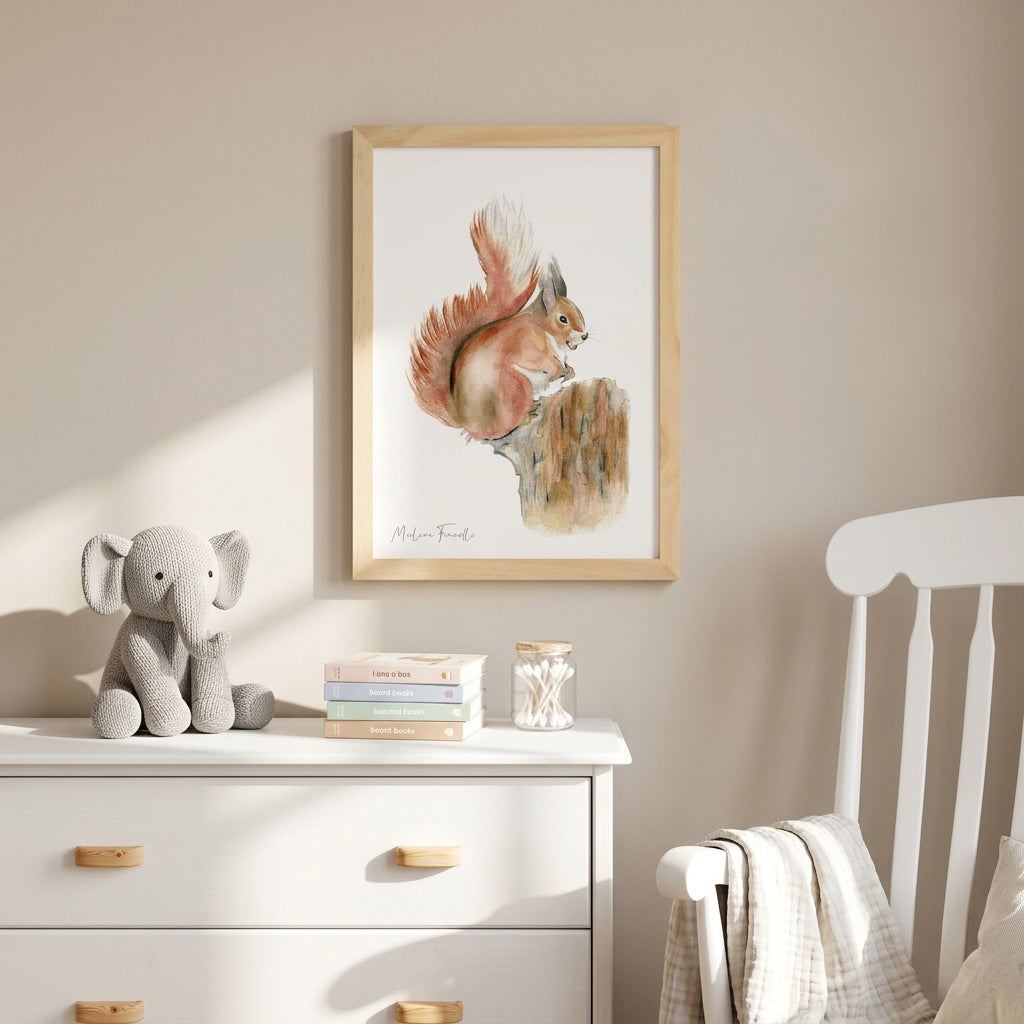 Cadre aquarelle ecureuil pour décoration chambre bébé et Enfant sur le thème des animaux de la foret