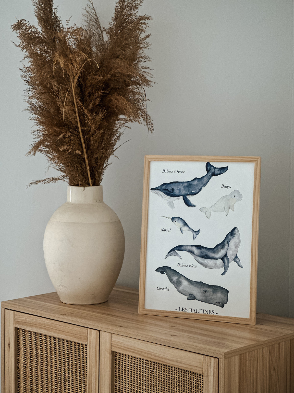 Poster baleines aquarelle pour décoration de chambre enfant inspiré de l'univers marin et de l'océan.