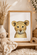 Affiche aquarelle d'un bébé lion pour décoration chambre enfant thème safari