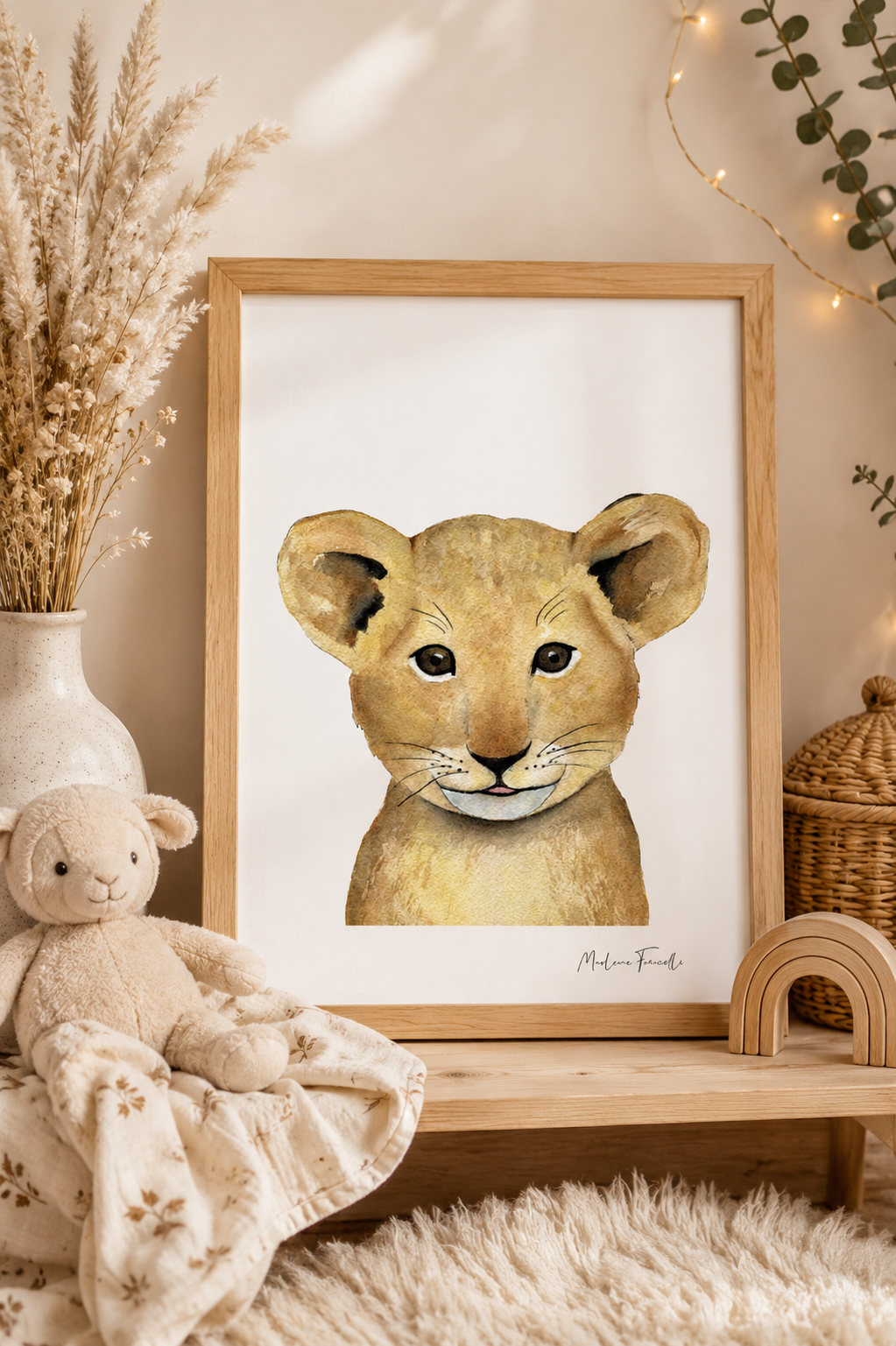 Affiche aquarelle d'un bébé lion pour décoration chambre enfant thème safari