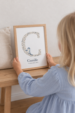 Affiche aquarelle personnalisée avec la lettre, le prénom et la date de naissance de l'enfant pour une décoration chambre animaux marins