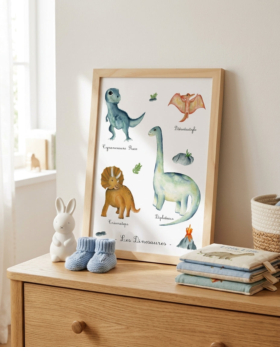 Poster dinosaures aquarelle pour décoration de chambre enfant représentant quatre dinosaures emblématiques dans un style doux et poétique.