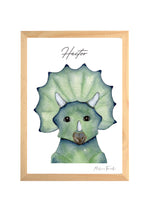 Poster dinosaure tricératops bébé illustration aquarelle cadre bois à personnaliser