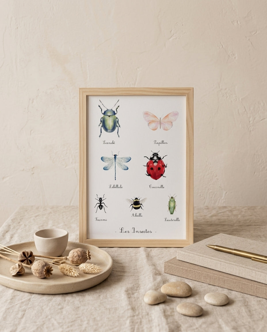 Poster insectes aquarelle pour décoration de chambre enfant inspiré de la nature et du jardin