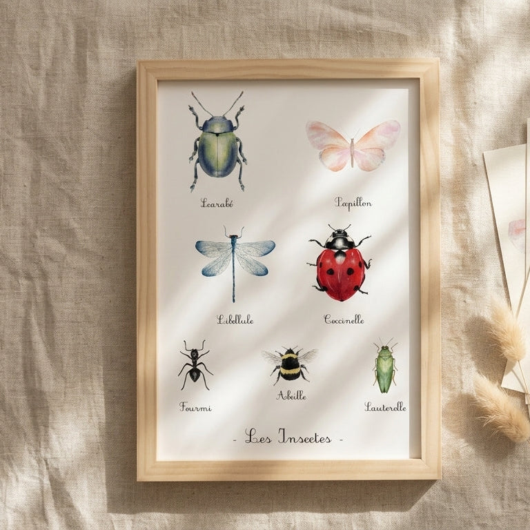 Poster insectes aquarelle pour chambre enfant aux couleurs douces, idéal comme cadeau de naissance
