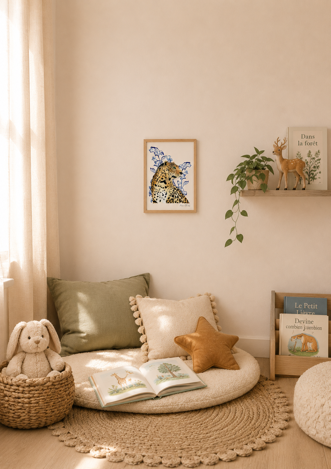 Poster léopard et feuilles pour une décoration chambre enfant thème savane