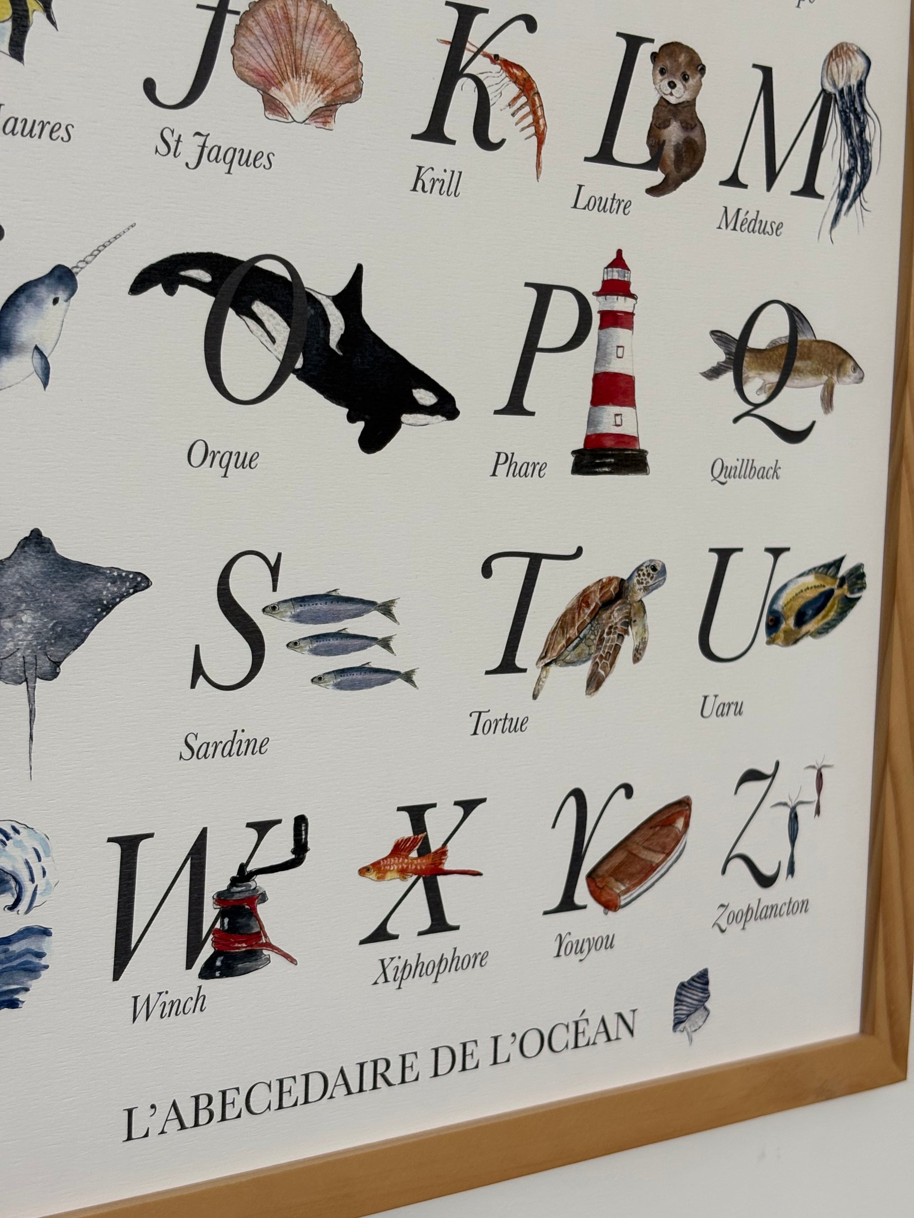 Poster abécédaire animaux marins aquarelle pour décoration murale thème mer bébé