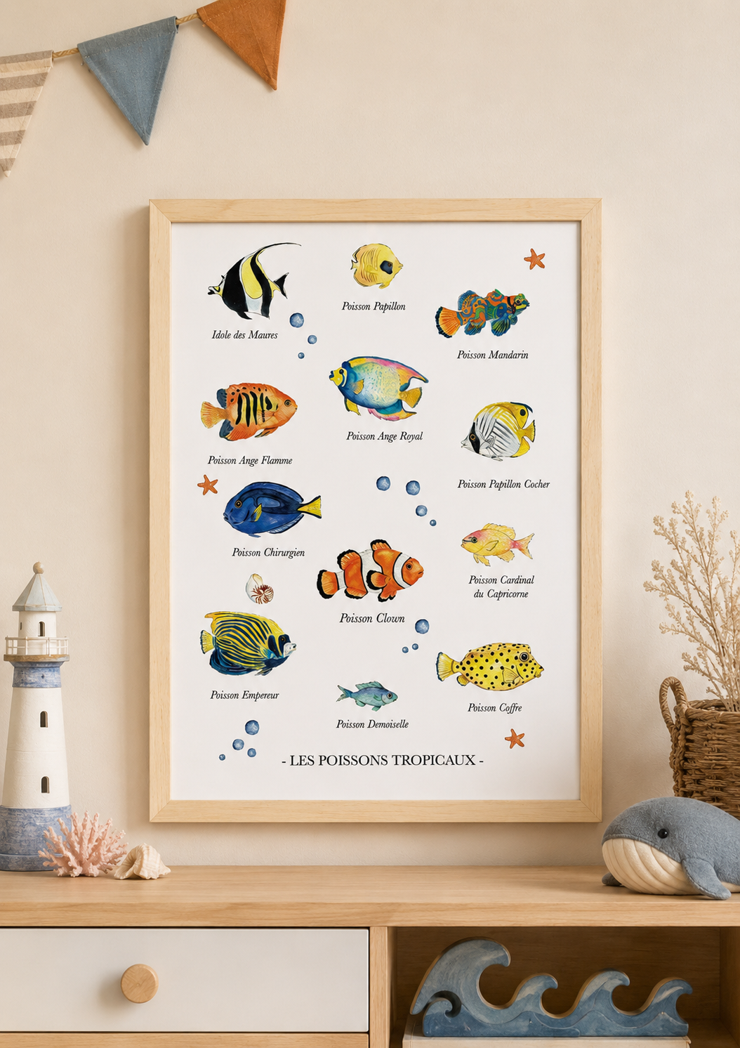 Poster éducatif poissons tropicaux aquarelle pour chambre enfant présentant plusieurs poissons des récifs coralliens avec leurs noms.