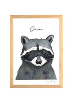 Affiche aquarelle raton laveur à personnaliser pour décorer une chambre enfant