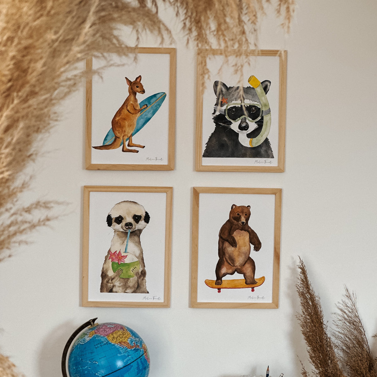 affiche raton laveur , ours skate, kangourou  surf, suricate coco, décoration mer chambre enfant