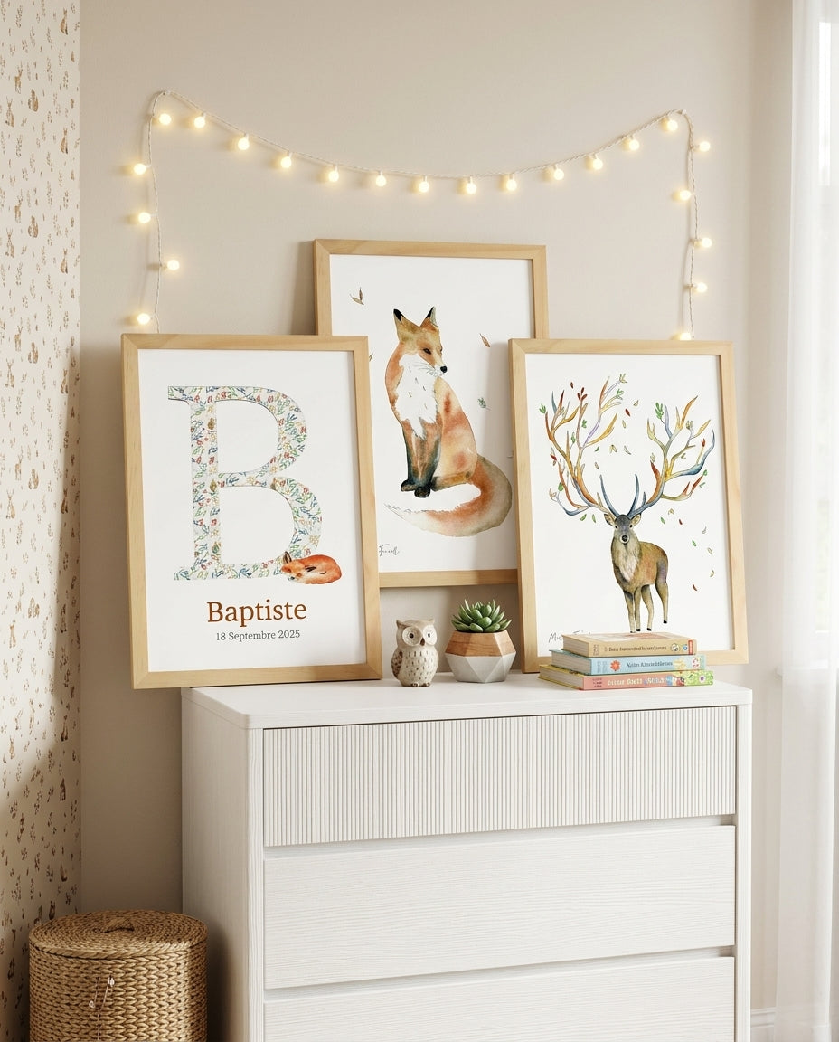Affiche personnalisée bébé avec lettre, prénom et date de naissance, univers forêt peint à l’aquarelle
