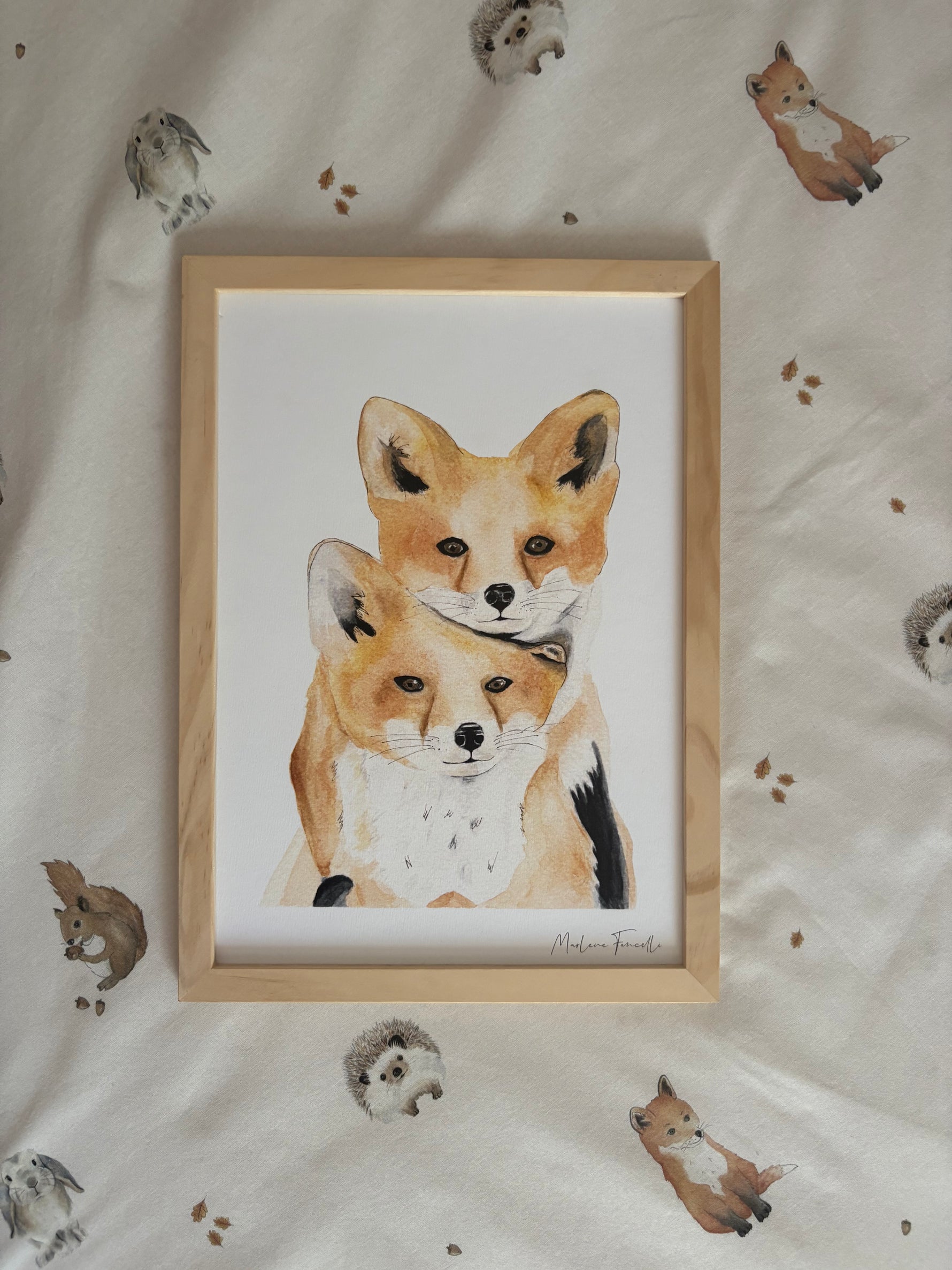 poster deux bébés renards blottis illustration aquarelle