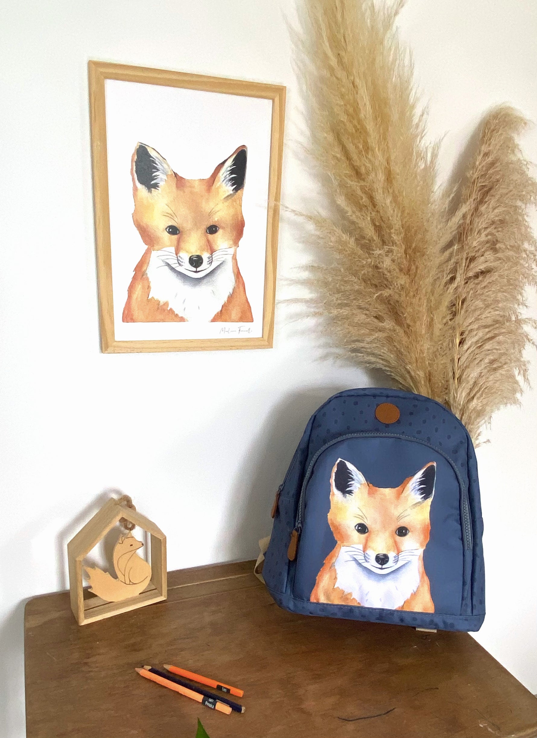 Affiche et sac à dos renardeau à l'aquarelle