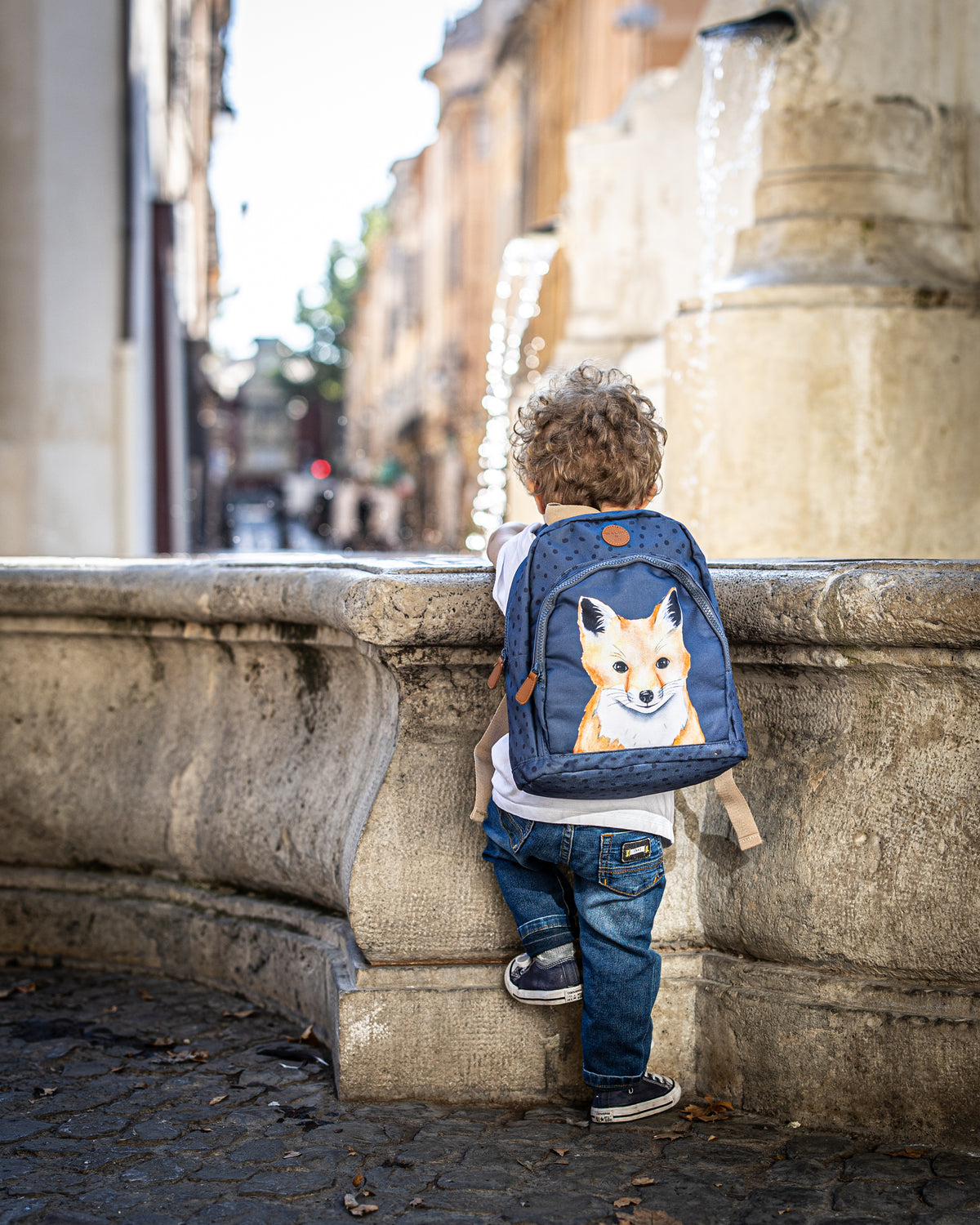 Sac à dos maternelle bleu foncé avec illustration renard aquarelle