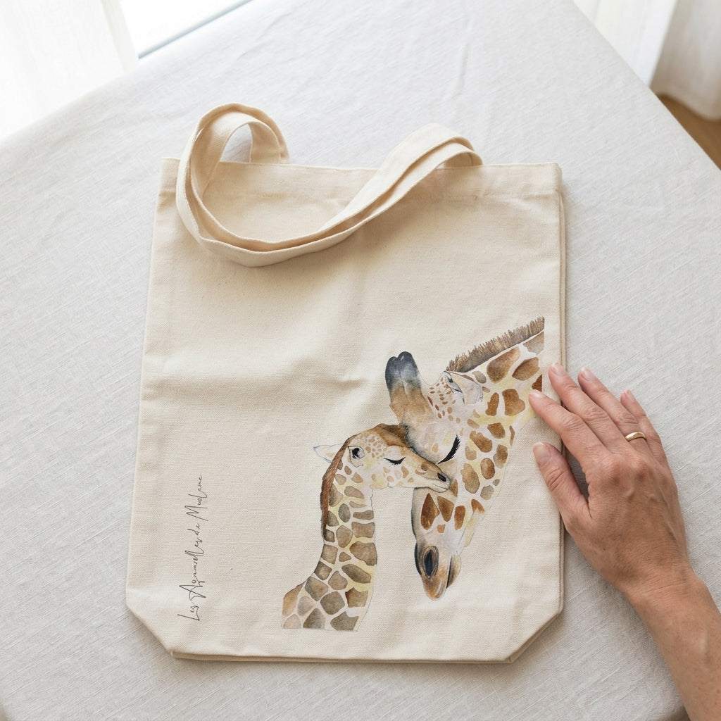 Sac en coton 34 × 40 cm décoré d'une illustration aquarelle représentant une famille de girafes