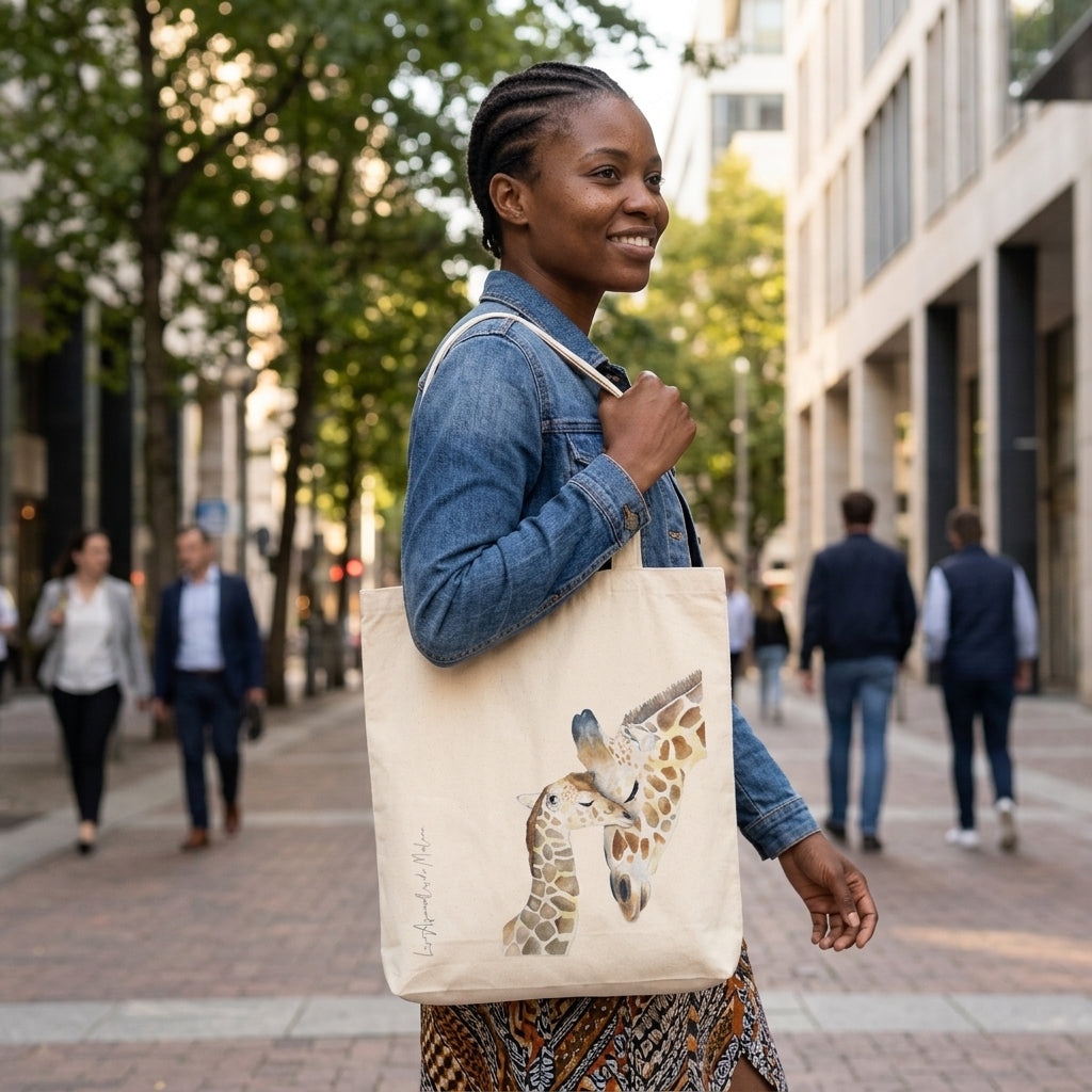 Tote bag Les Aquarelles de Marlène avec illustration famille girafe peinte à la main à l'aquarelle