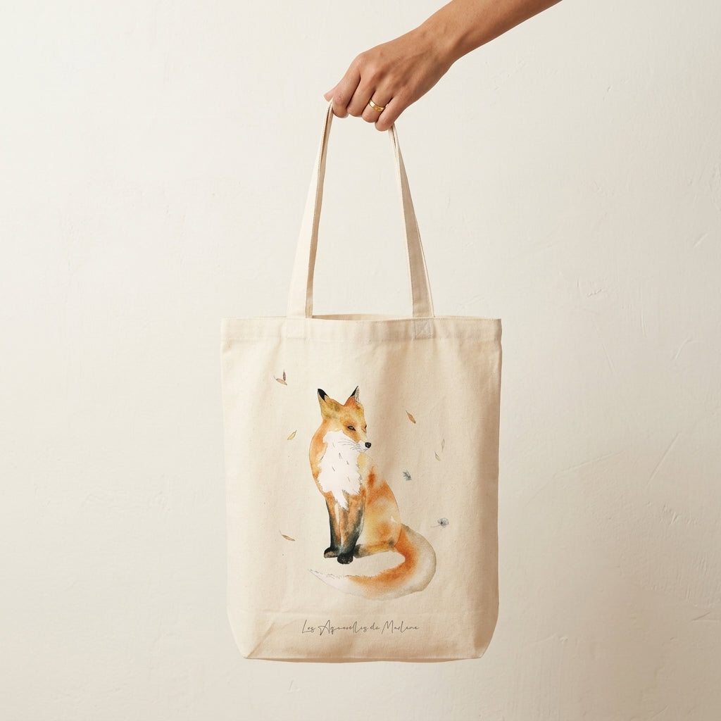 Tote bag Les Aquarelles de Marlène avec illustration originale de renard peinte à l'aquarelle