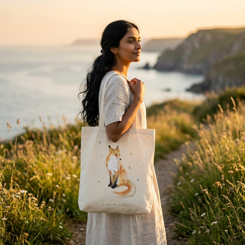 Sac en coton 34 × 40 cm décoré d'une illustration de renard peinte à la main
