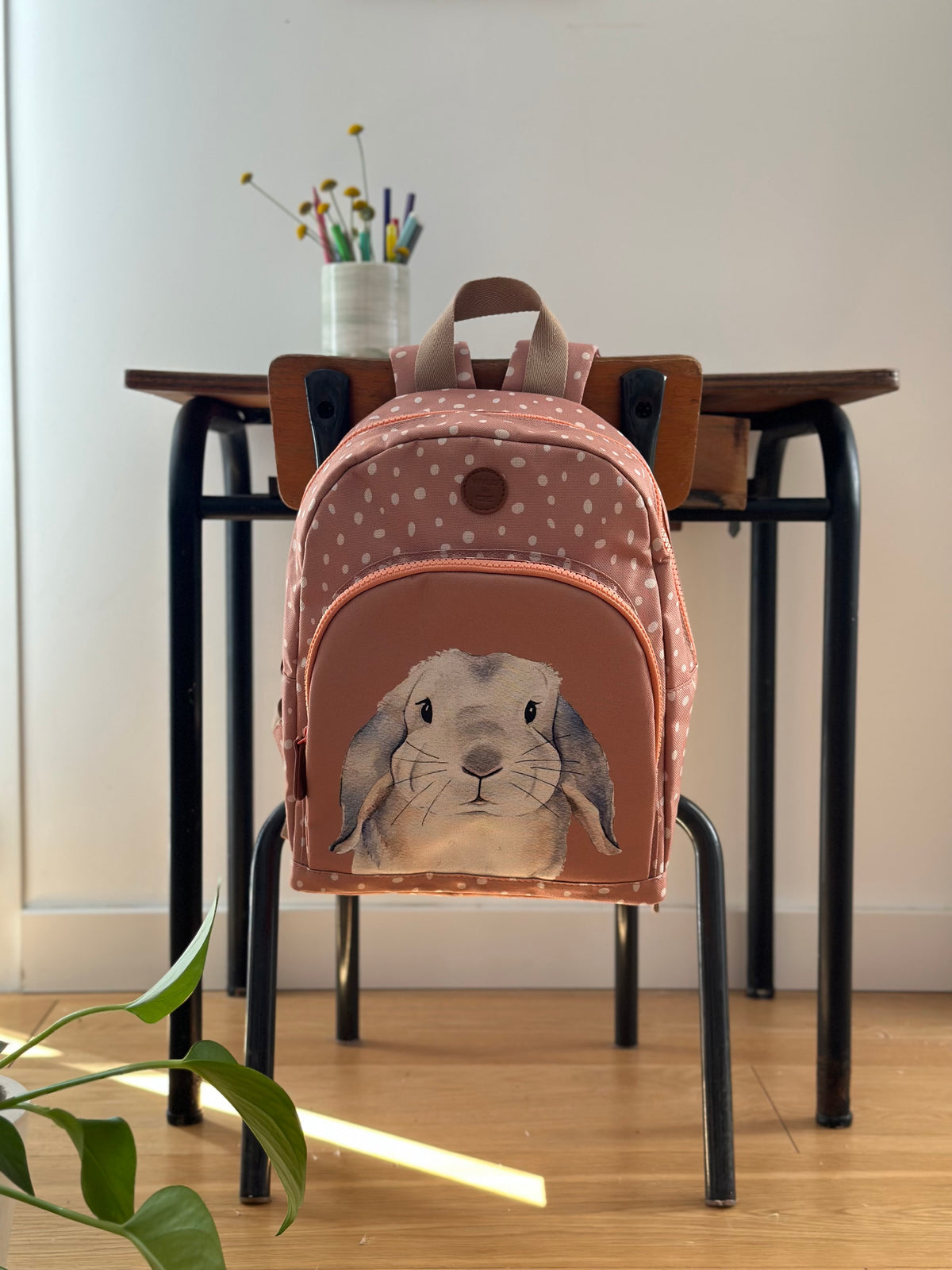 Sac enfant en polyester recyclé avec illustration lapin  rose aquarelle