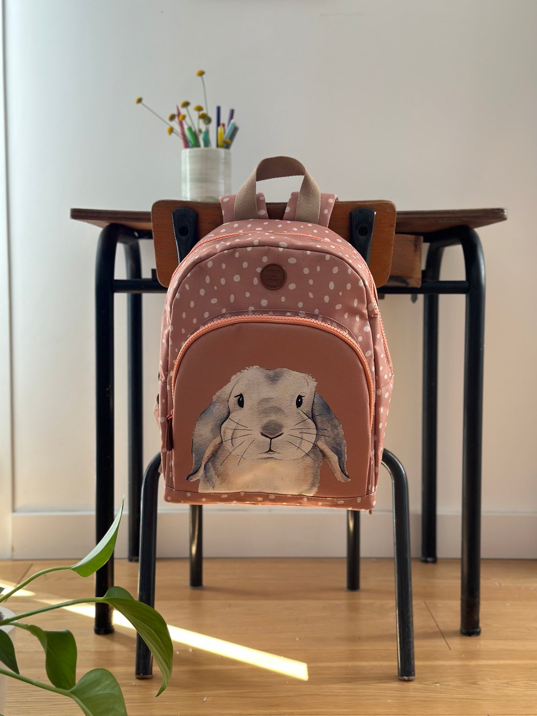 Sac enfant en polyester recyclé avec illustration lapin  rose aquarelle