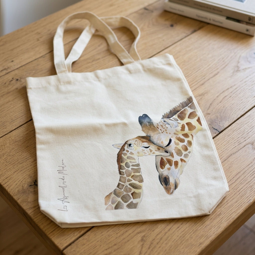 Tote bag famille girafe en coton 100 % avec illustration originale peinte à l'aquarelle par Les Aquarelles de Marlène
