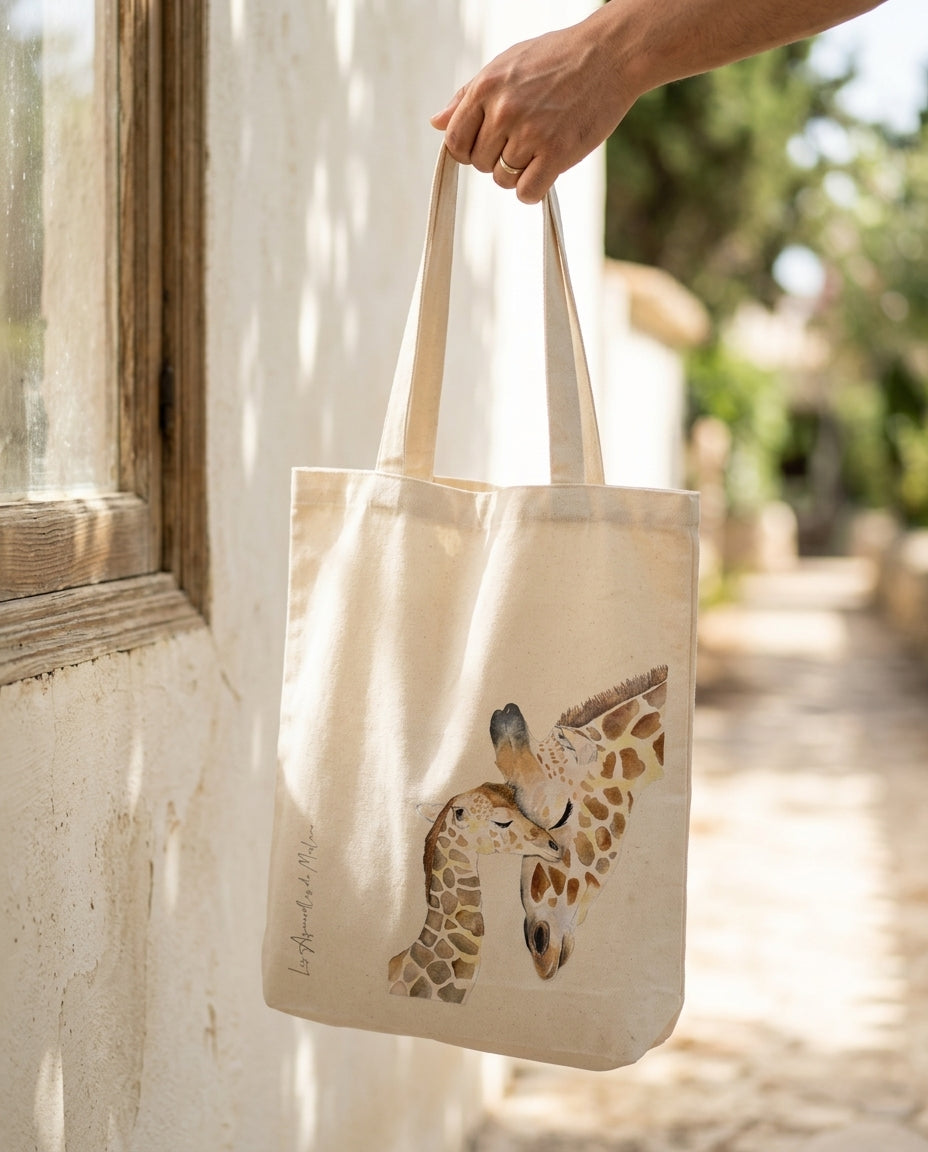 Sac en coton réutilisable illustré d'une maman girafe et de son girafon dans un style aquarelle doux et poétique