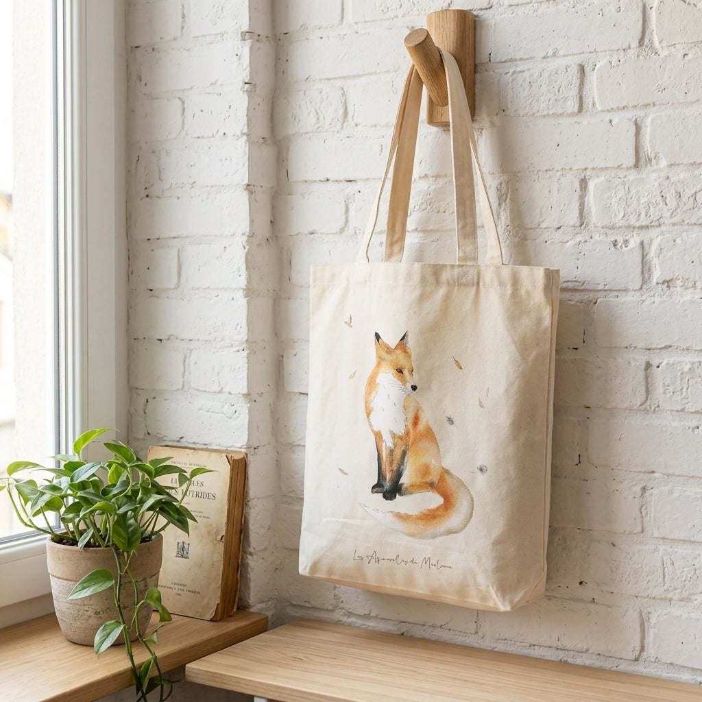 Sac en coton réutilisable illustré d'un renard aquarelle, idéal pour les courses et le quotidien.