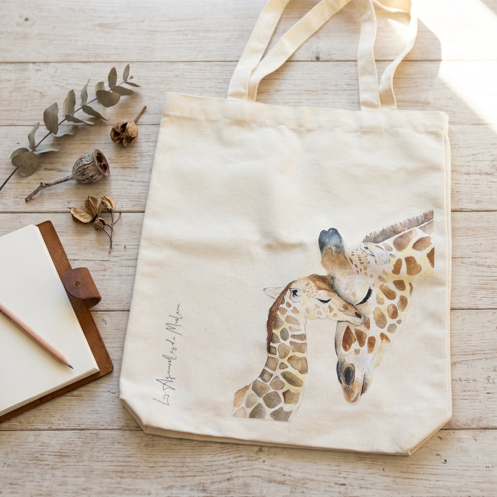 Sac réutilisable avec illustration aquarelle d'une famille girafe dans un univers tendre et naturel