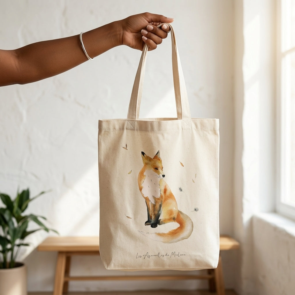 Sac réutilisable en coton illustré d'un renard dans un univers poétique et naturel