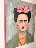 Peinture Frida Kahlo rose et verte avec des couleurs pop