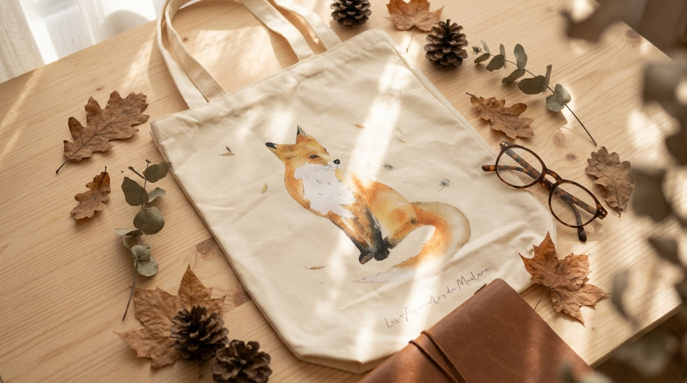 Illustration renard aquarelle imprimée sur un tote bag en coton pour un usage quotidien.