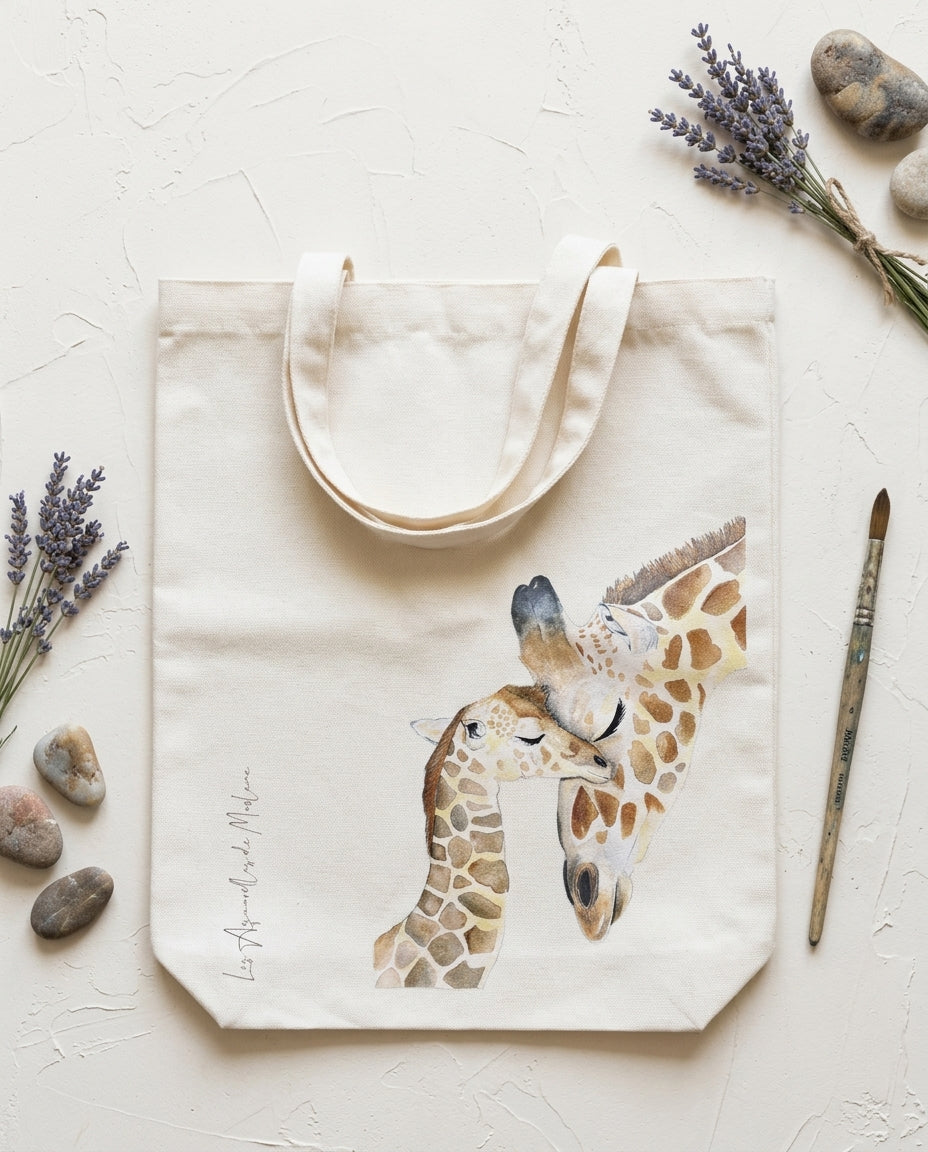 Tote bag famille girafe en coton 100 % avec illustration originale peinte à l'aquarelle par Les Aquarelles de Marlène